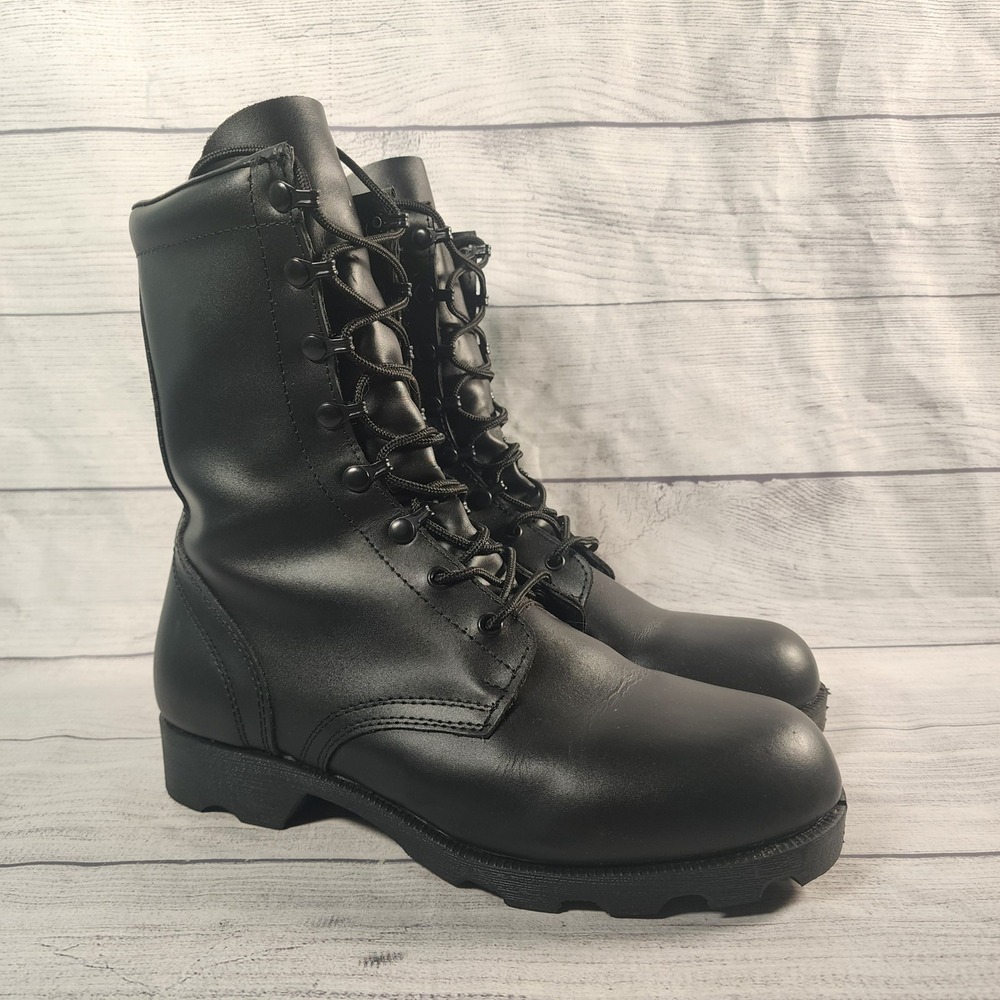 Mens Black Leather Combat Boots Size 10.5 R High Top Military Tactical Lug Sole